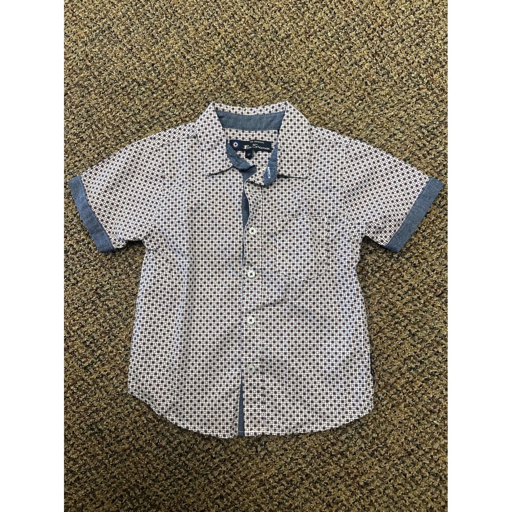 Ben Sherman Boys 3T Short Sleeve Button Down Shirt Geometric Print White Blue